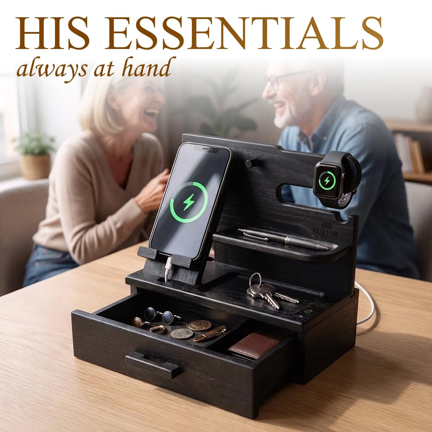 TESLYAR Wood Phone Docking Station with Drawer - Nightstand Organizer - Desk Organizer for Husband - Birthday Gifts for Men, Dad, Anniversary Idea, Key Holder Stand Watch & Accessories (Granite Black)