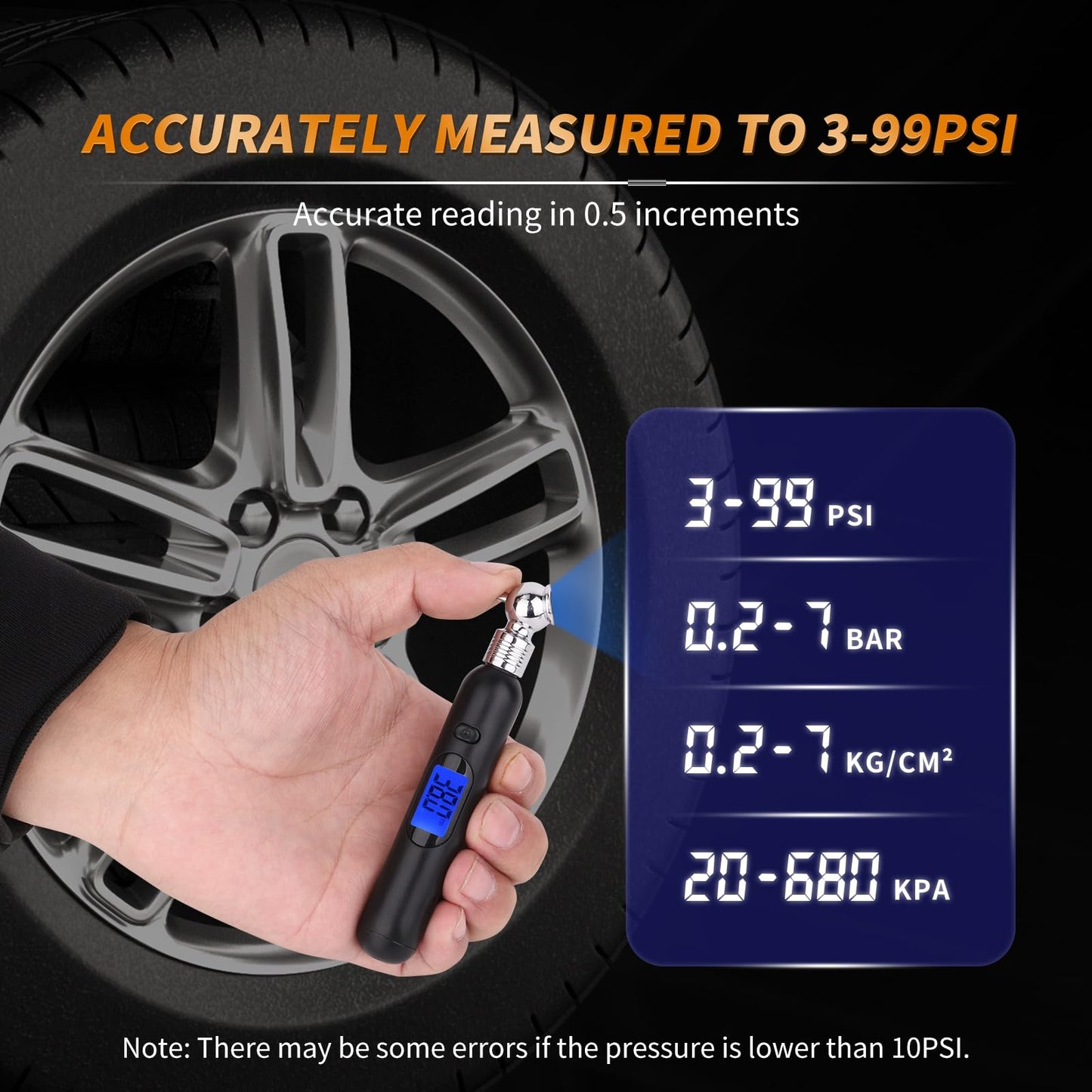 RVZONE Mini Digital Tire Pressure Gauge 3-99PSI 4 Settings Tire Gauge for Tire Pressure with Backlit LCD for for RV Car Truck Bicycle, Easy and Accurate Reading(Black)