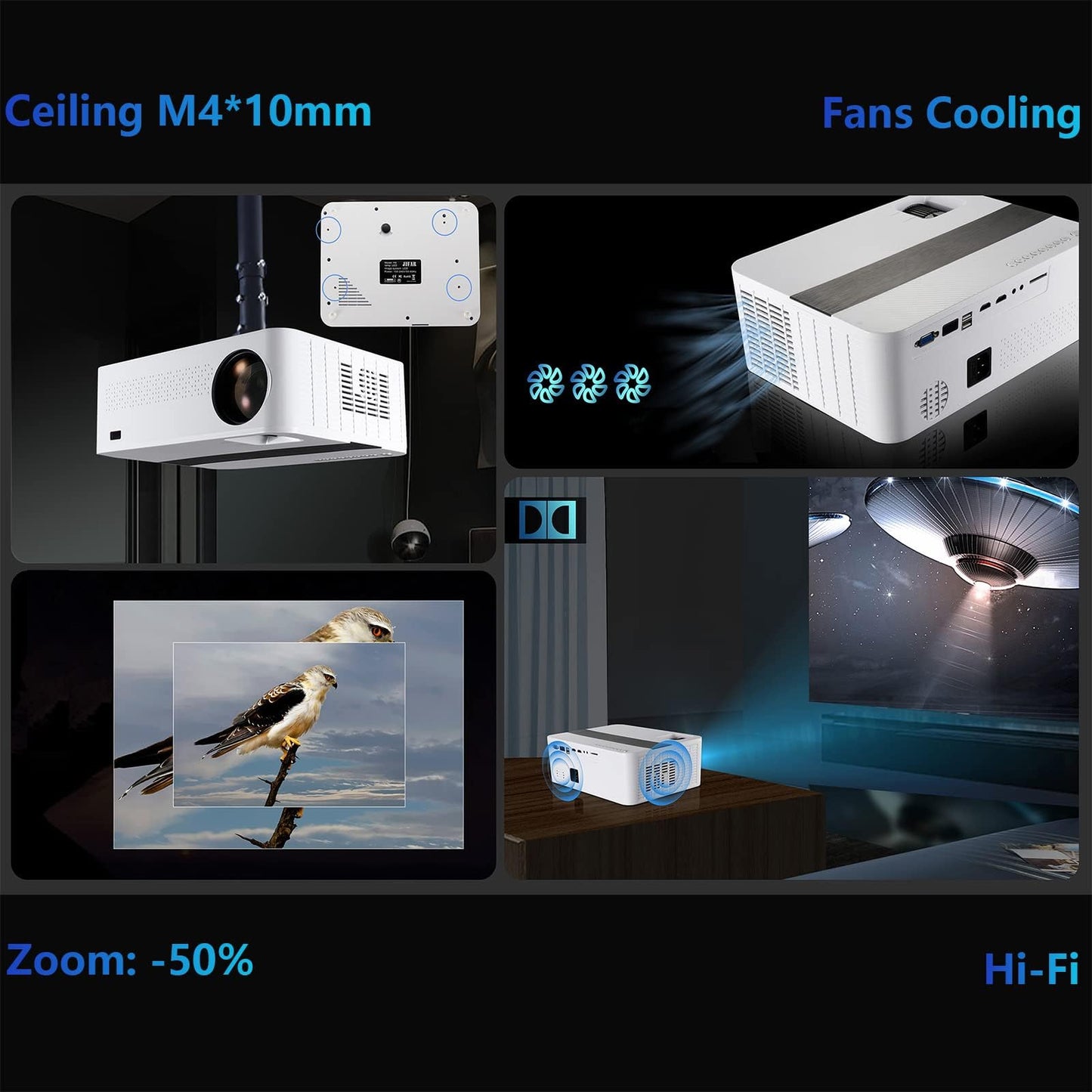 JIFAR Projector 4K with 5G WiFi & Bluetooth,2000ANSI Outdoor Projector with 450" Display,Movie Projector Support 4K,Dolby Audio,Zoom,Keystone,20W Speaker,4K Home Projector for TV Stick,iOS,Android,PS5