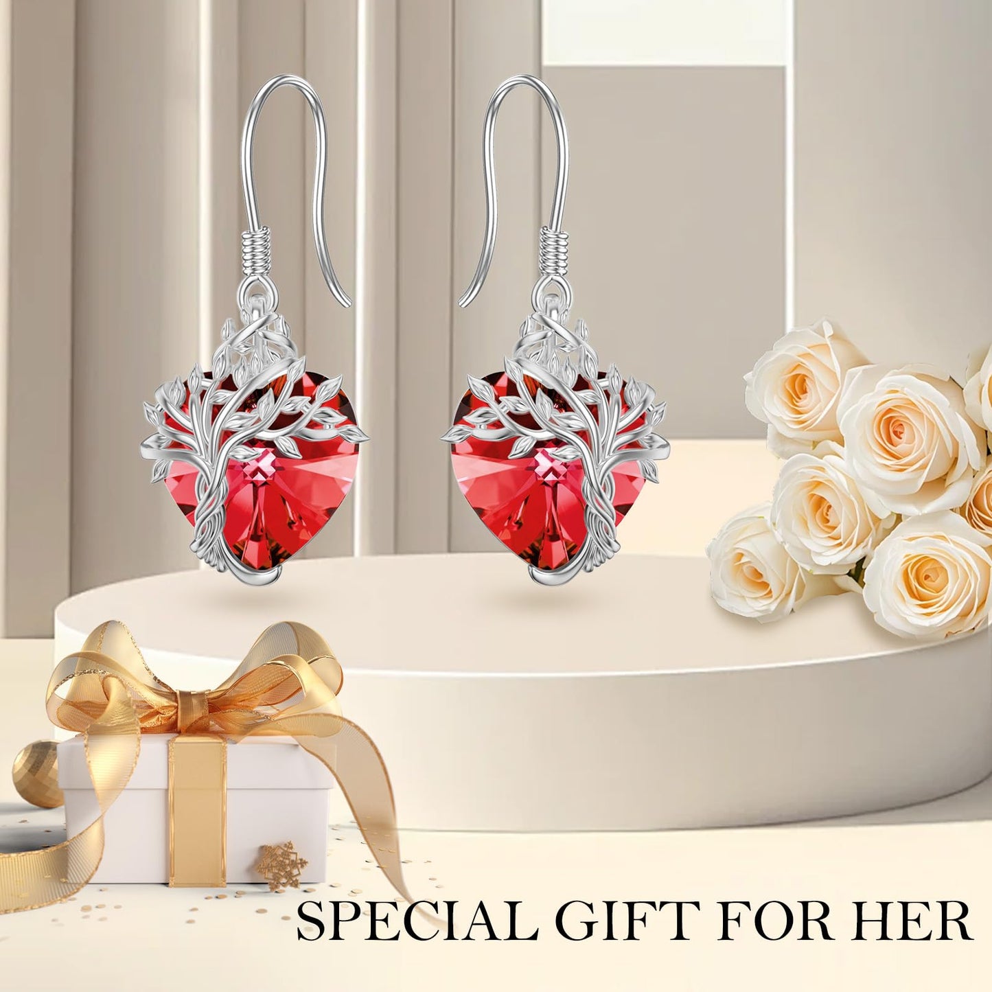 TOUPOP Heart Ruby Earrings Sterling Silver Tree of Life Earrings July Birthstone Jewelry Birthday Mothers Day Gifts for Women Mom Her