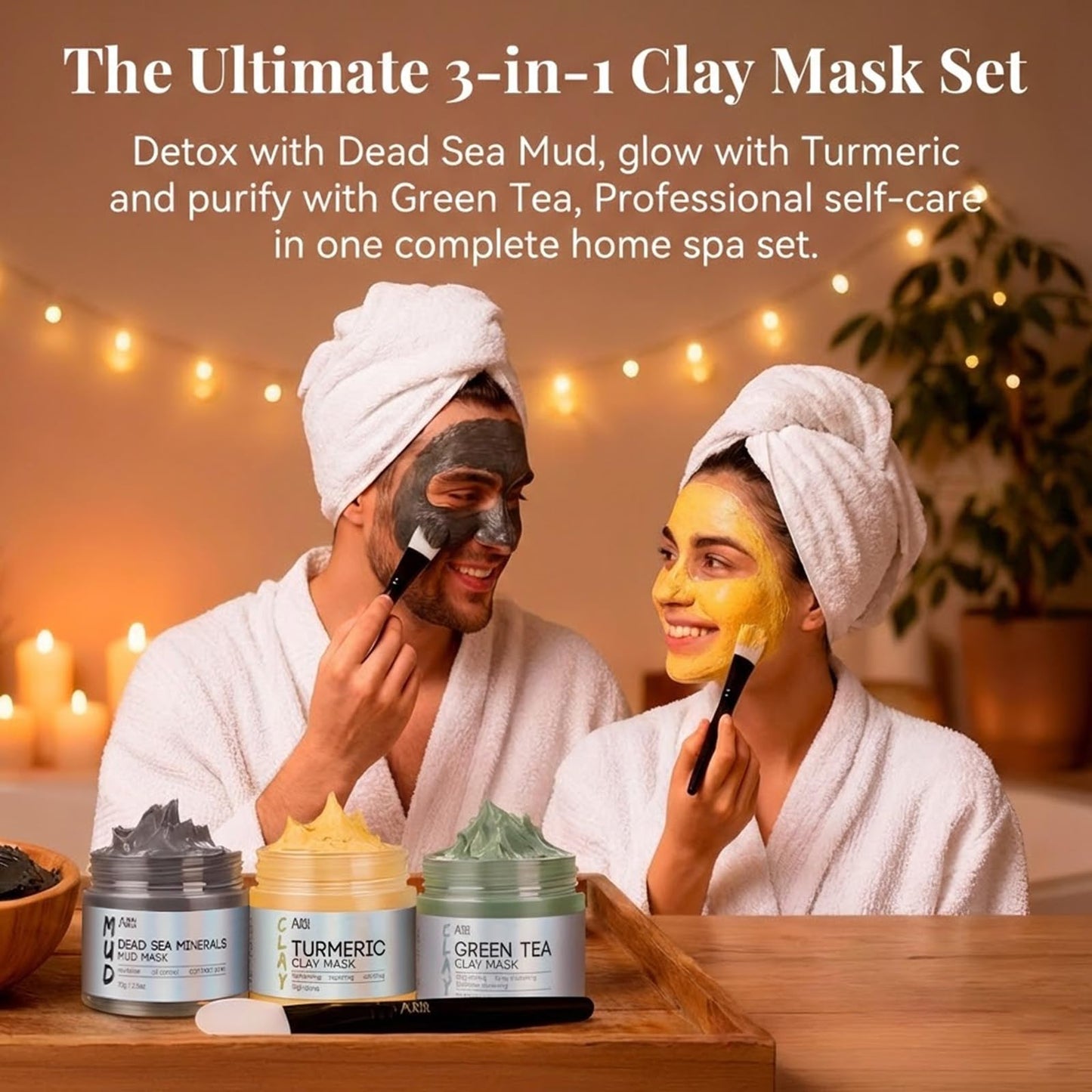 ANAI RUI 3 Pcs Face Mask Set - Turmeric Clay Mask - Green Tea Face Mask - Dead Sea Mud Mask for Oily Skin, Blackheads & Pores -Spa Gift Set Self Care for Women Teens 2.5 oz Each