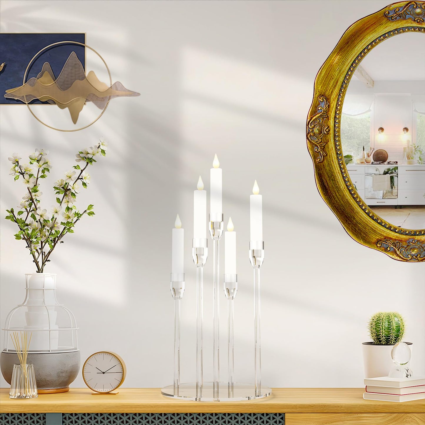 Candelabra Centerpieces for Tables 5 Arm Clear Candle Holder Fit 0.87" LED Pillar Taper Candlestick with Round Base for Christmas New Year Decoration (5 Arm Candelabra)"
