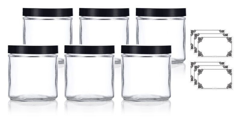 16 oz Clear Thick Glass Jar with Black Foam Lined Lid (6 pack)