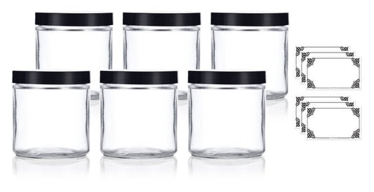16 oz Clear Thick Glass Jar with Black Foam Lined Lid (6 pack)