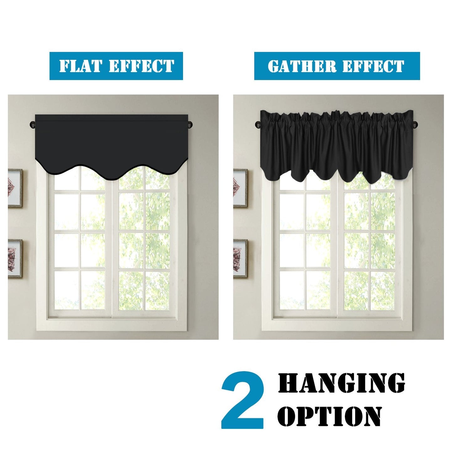 H.VERSAILTEX 2 Panels Blackout Curtain Valances for Kitchen Windows/Living Room/Bathroom Privacy Protection Rod Pocket Decoration Scalloped Window Valance Curtains, 52" W x 18" L, Black