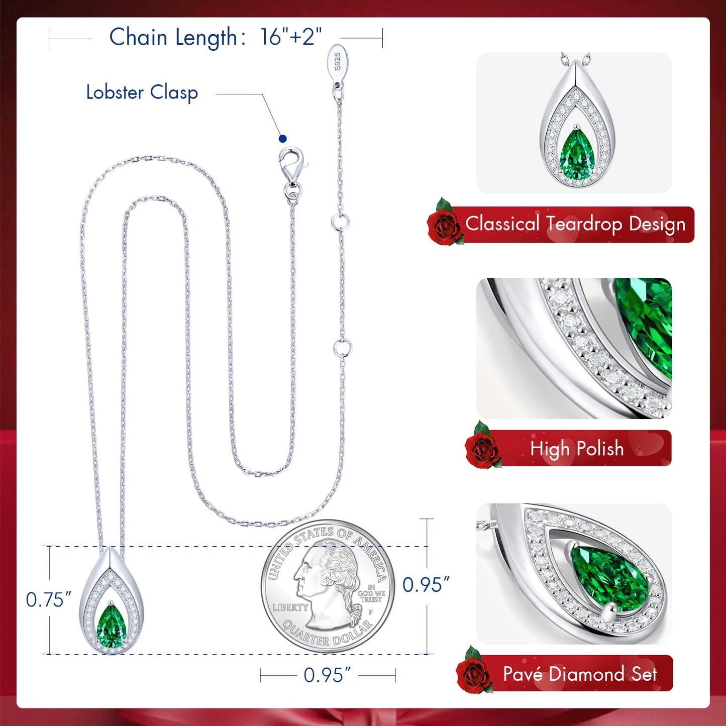 Kstyle 925 Sterling Silver Emerald May Birthstone Pendant Necklace Teardrop Jewelry Valentine's Day Anniversary Birthday Gift for Mom Sister Wife Girlfriend Her Non Tarnish