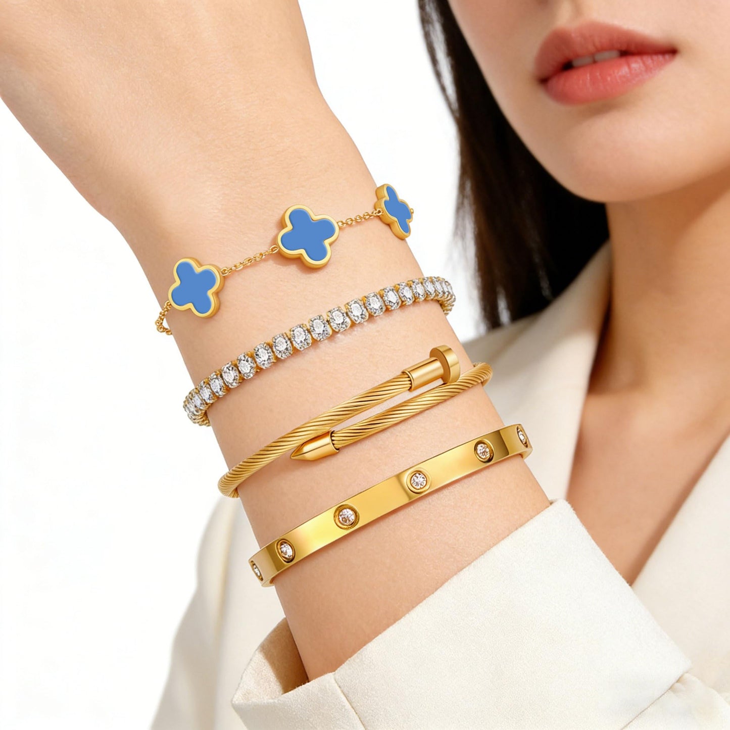 Gold Bracelets for Women, 18K Gold Plated Women Tennis Bracelets Clover Nail Love Bangle Bracelet Set, Gold Bracelet Stackable Set Trendy Jewelry, Gifts for Women's Day and Mother's Day (13-Color- 4 Blue)