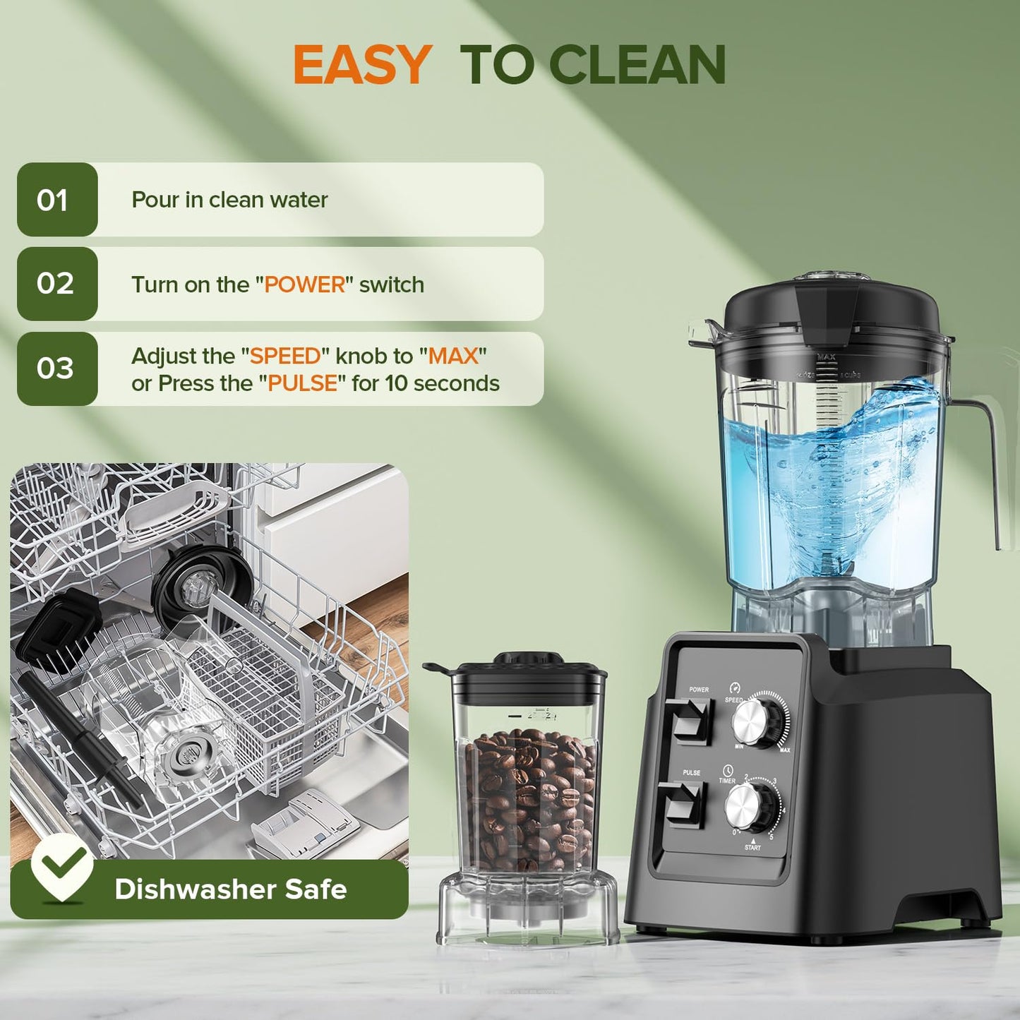 Blender for Smoothies, Professional Countertop Blenders with Self Cleaning, Ice Crush & Frozen Fruits, Dishwasher Safe Jar, 6 Blades for Silky Shakes and Drinks