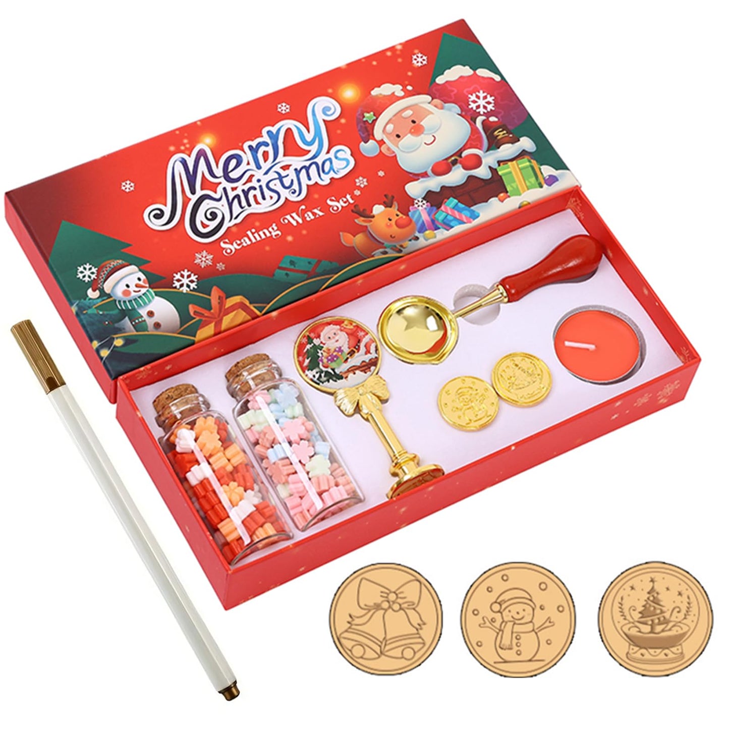 1 Pack Christmas Wax Seal Stamp Kit with Gift Box, Wax Seal Beads, 3 Wax Seal Stamps, Wax Seal Metallic Pen, Wax Seal Kit for Gift Wrapping, Envelope Sealing, Party Invitation (Red, Bells)