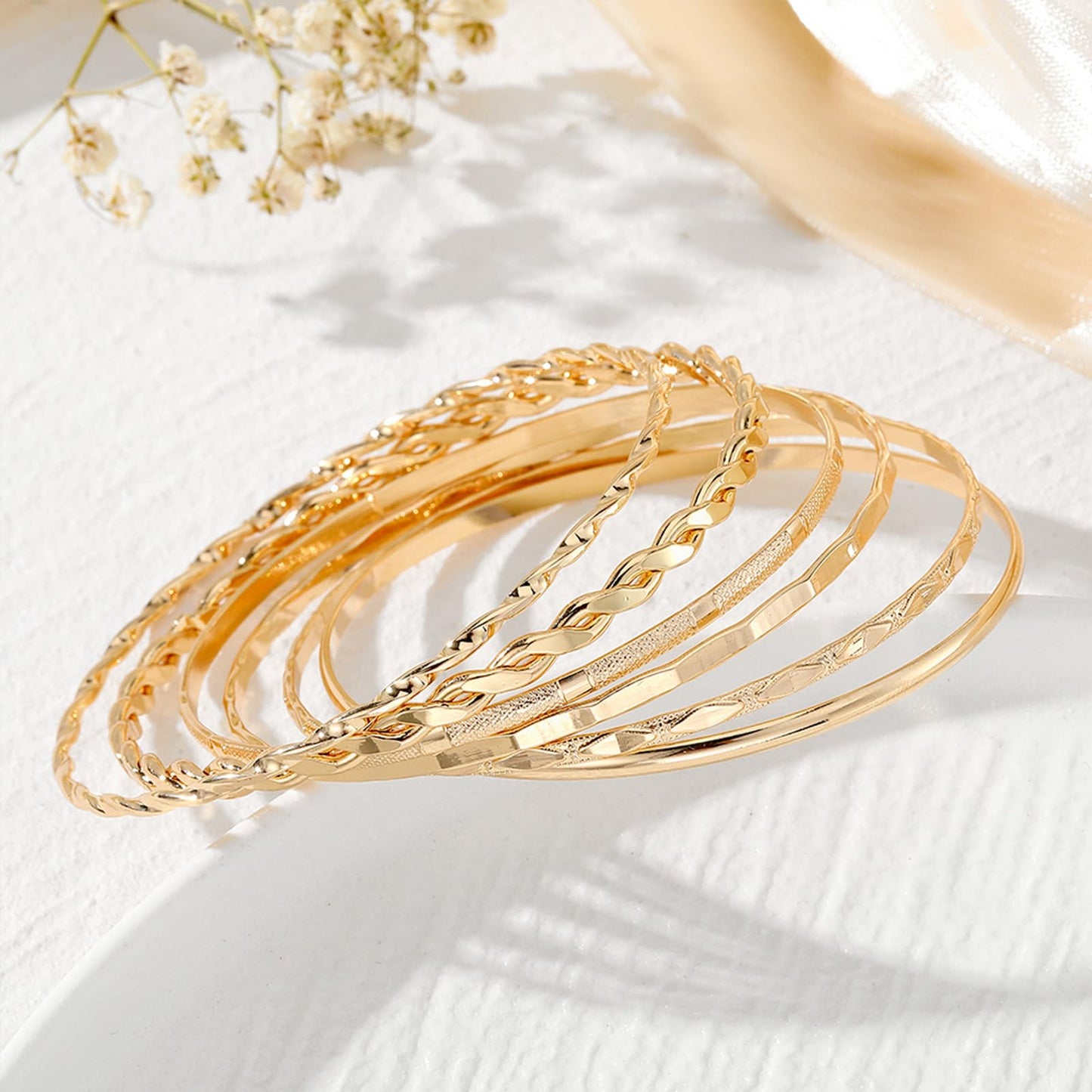 IFKM Gold Bangle Bracelets For Women, 14k Gold Plated Multi Layer Stackable Cuff Bracelet Set, Trendy Elegance Charms Non Tarnish Minimalist Textured Boho Jewelry Gift for Women