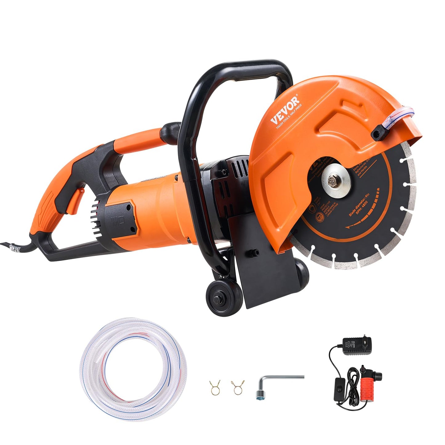 VEVOR Electric Concrete Cutter, 9 in Circular Saw with 3.5 in Cutting Depth, Wet/Dry Disk Cutter Includes Water Line, Pump and Blade, for Stone, Brick, Porcelain, Concrete, 1800W Motor
