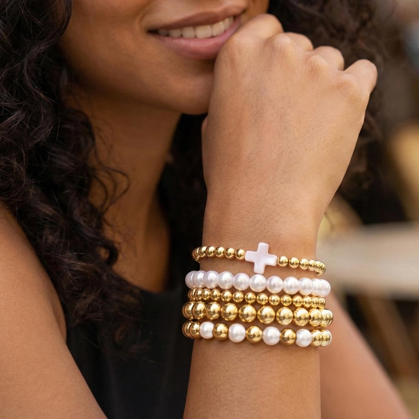Gold Beaded Cross Bracelet Stack for Women Non Tarnish,Dainty Stretch Pearl Gold Plated Stackable Bracelets Set Fashion Prom Party Accessories Jewelry Gift Friendship