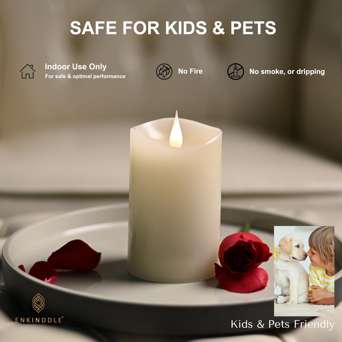 ENKINDDLE Flameless Candles with Timer, 3D Moving Flame LED Pillar Candle, Real Wax Flickering Candle, Battery Operated, Ivory 3"x5"" for Table Centerpiece & Home Décor"