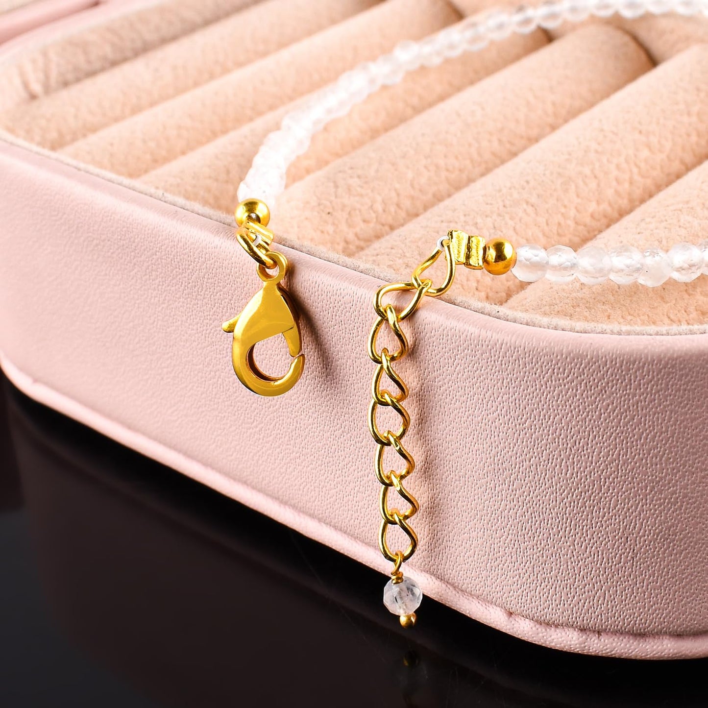 Natural White Moonstone Gemstone Micro Beads Dainty Beaded Bracelet Jewelry for Women, June Birthstone, Chakra Energy Crystals, 14k Gold Plated Chain 8 inch Adjustable, Gifts For Her