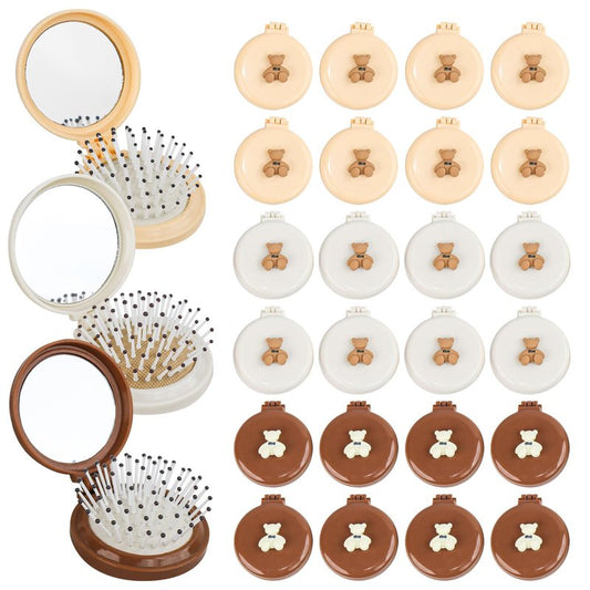 24 Pack Cute Bear Foldable Hair Brush with Mirror,Pocket-Sized Compact Mirror Comb,Mini Hair Brush Bulk,Portable Purse Brush for Travel (3 Colors)