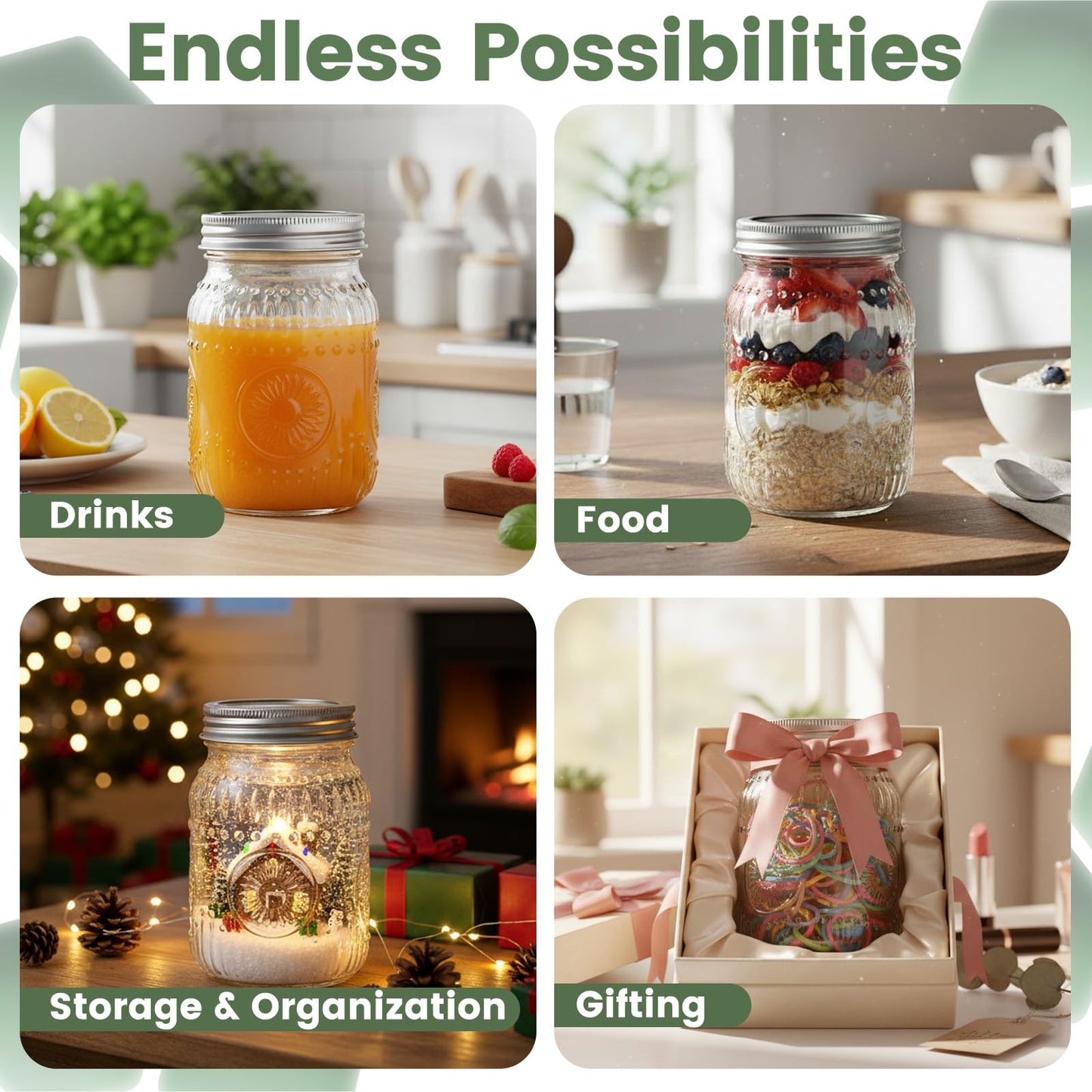 16oz Mason Jars with Airtight Rust-Proof 304 Stainless Steel Lids and Bands, 4 Pack with Elegant Sunflower Embossing, Pint Glass Jars for Meal Prep, Pickling, Overnight Oats, Dry Food & DIY Crafts