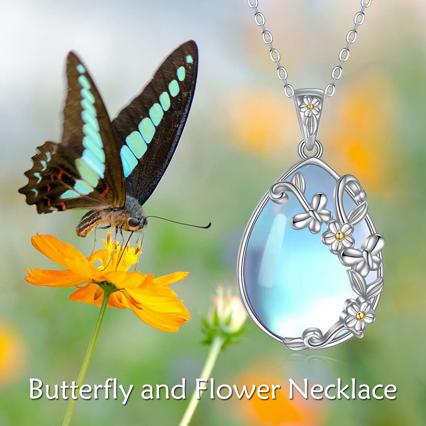YAFEINI 925 Sterling Silver Moonstone Necklace Filigree Teardrop Daisy Butterfly Pendant Necklace Jewelry for Women (C-Daisy Butterfly Moonstone)