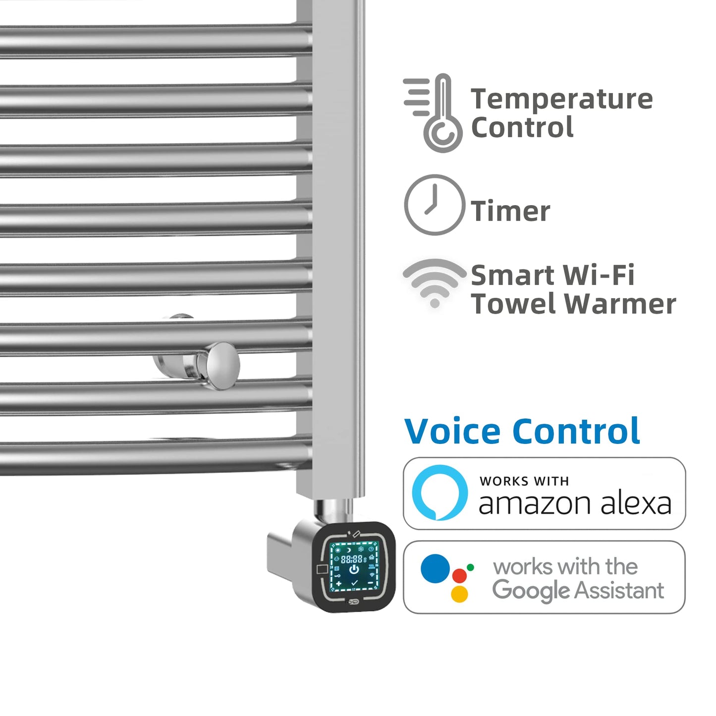 HEATGENE Smart Towel Warmer with Timer and Temperature Control, Smart Liquid Filled Towel Rails, Plug-in/Hardwired Wall-Mounted Towel Heater Rack Compatible with Alexa and Google Home, Chrome