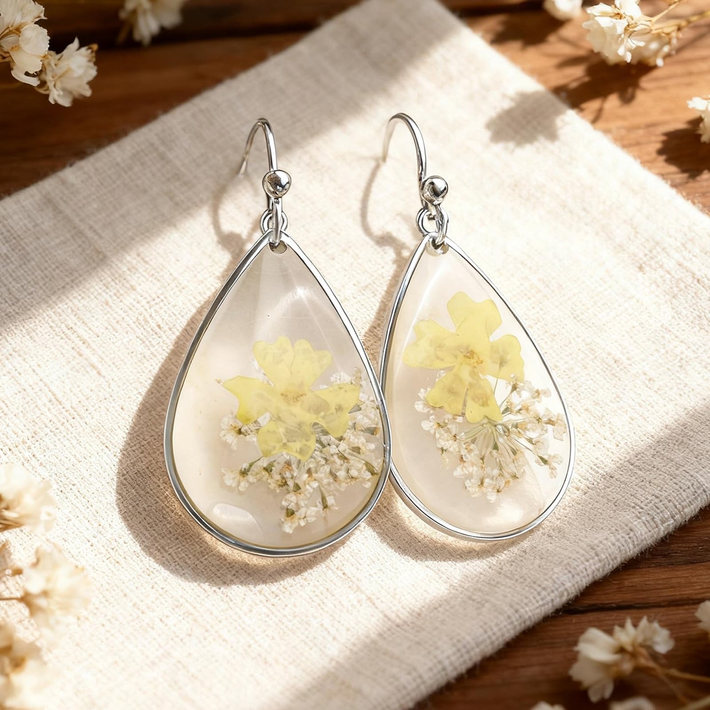 Jean Beau Handmade Pressed Flower Earrings for Women, Unique Resin Yellow Dried Flowers Sterling Silver Teardrop Dangle Drop Nature Floral Earings Fashion Summer Jewelry Gift