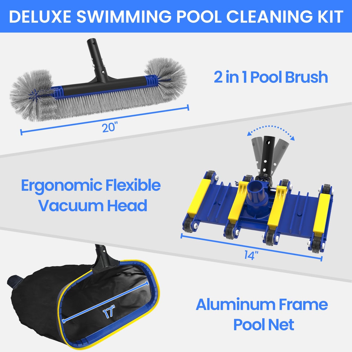 Poolvio Deluxe Swimming Pool Cleaning Kit Including Skimmer Net, 2-in-1 Pool Brush & Weighted Vacuum Head with Wheels for Above Ground & Inground Pools (No Pole)