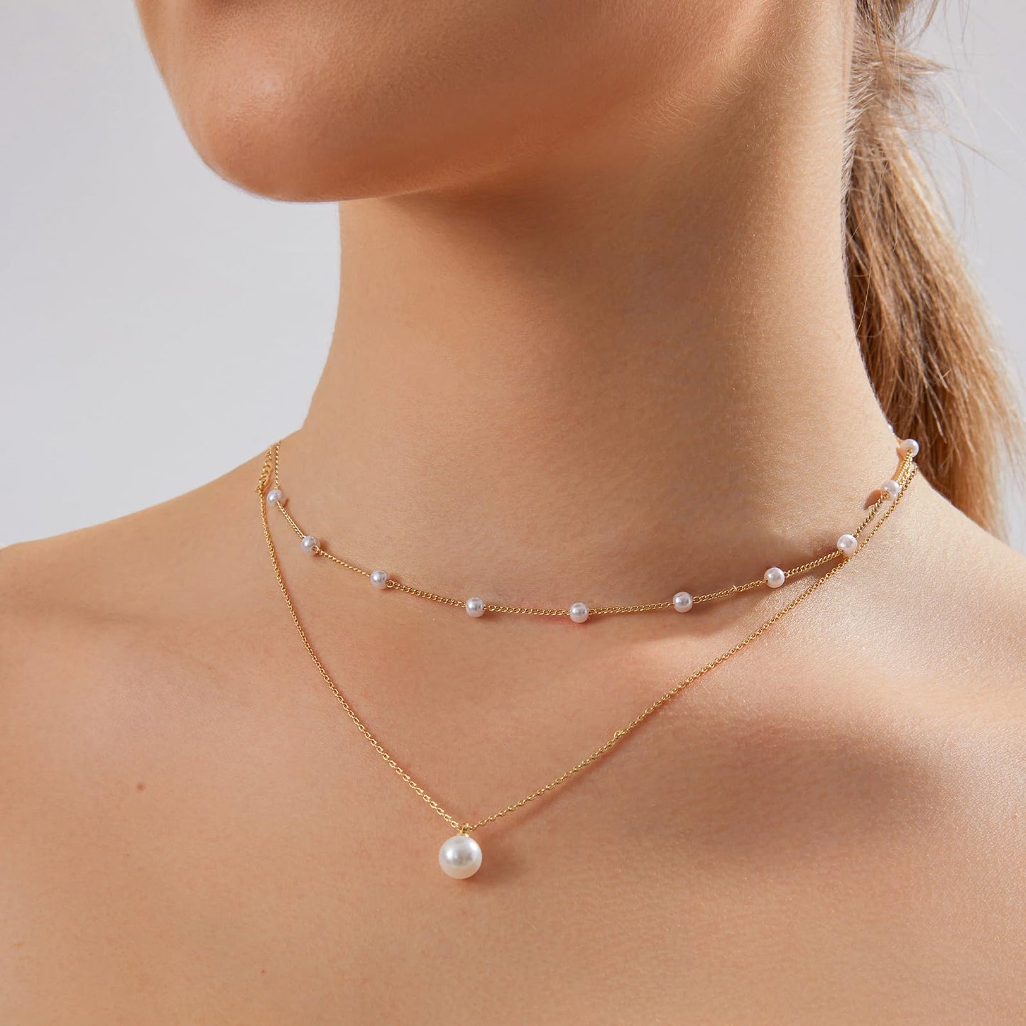 Luxval Pearl Necklace for Women Layered Trendy 14K Gold Plated Dainty Pearl Pendant Choker Set Gold Necklace Stack Non Tarnish Simple Cute Jewelry Gifts for Women