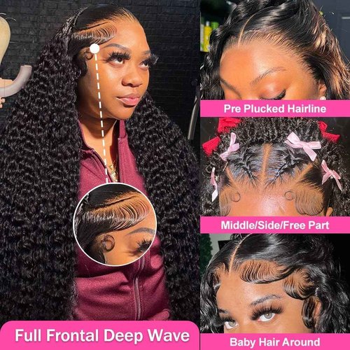 Segsavor 13x6 Deep Wave Lace Front Wigs Human Hair 200% Density HD Lace Front Wigs Human Hair Pre Plucked Natural Color Glueless Wig 100% Virgin Lace Front Wigs for Women（20inch）