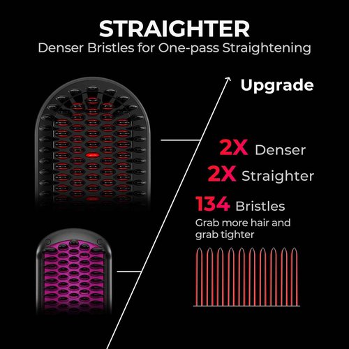 TYMO Hair Straightener Brush - Upgraded Ionic Plus Straightening Brush with Dense Bristles, 16 Temps, Dual Voltage | Ceramic Hot Comb for Women | Flat Iron for Thick Curly Hair, Black