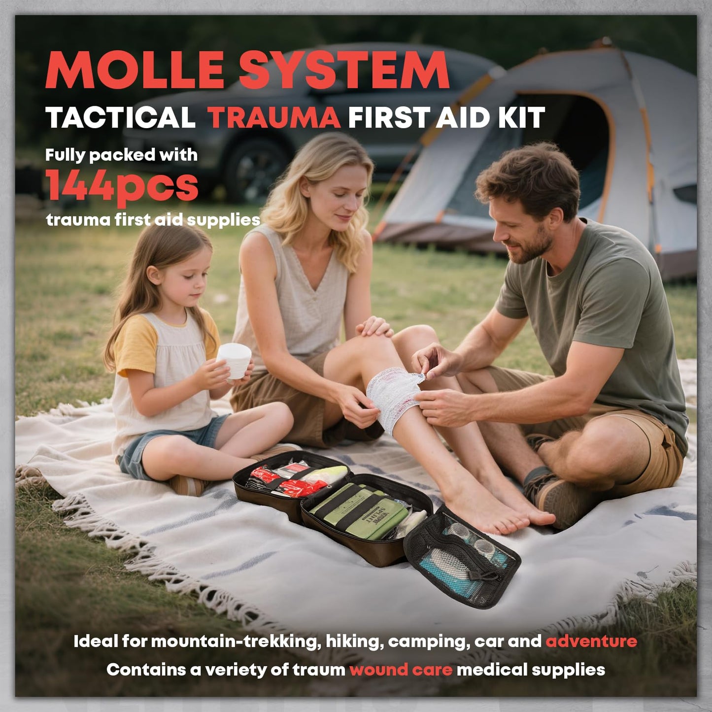 144 Pcs Advanced Trauma First Aid Kit - Emergency Camping Gear with Tourniquet, Compression Bandage, 36" Splint | Portable Survival Gear for Outdoor, Home, Camping- Gift for Husband Dad and Wife-Brown