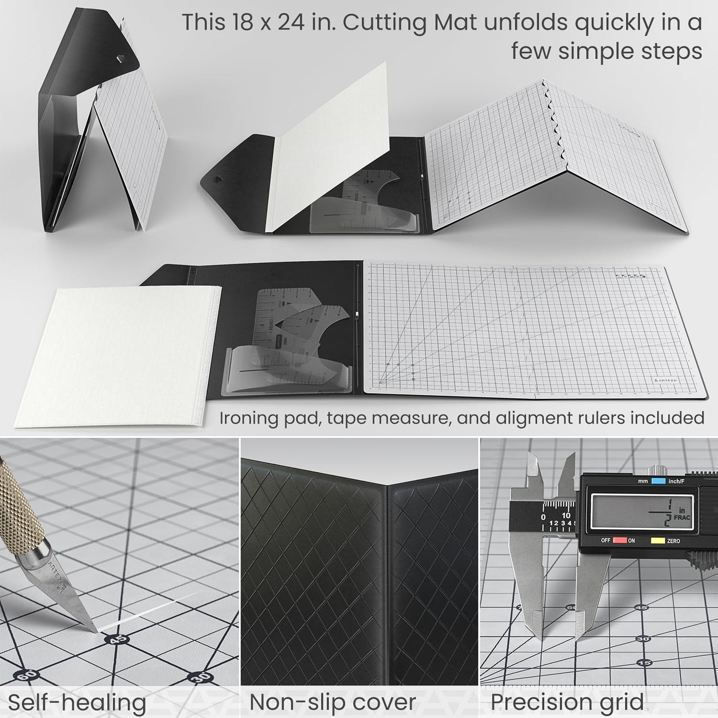 ARTEZA Fold & Stow Multifunctional Cutting Mat Set, 18x24 Inch, Self-Healing, Anti-Slip, with Detachable Ironing Pad, T-Shirt Alignment Rulers, and Tape Measure
