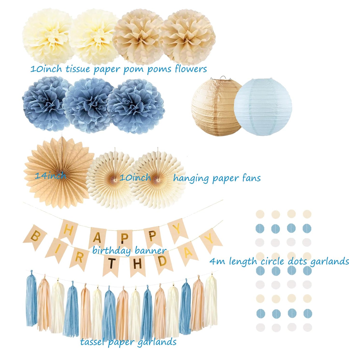 Dusty Blue Beige Champagne Birthday Decoration for Women Girl Boy Boho Neutral Happy Banner Tissue Pom Poms Paper Lanterns Fans Tassel Garlands Wedding Baby Shower Blue Birthday Party Decorations
