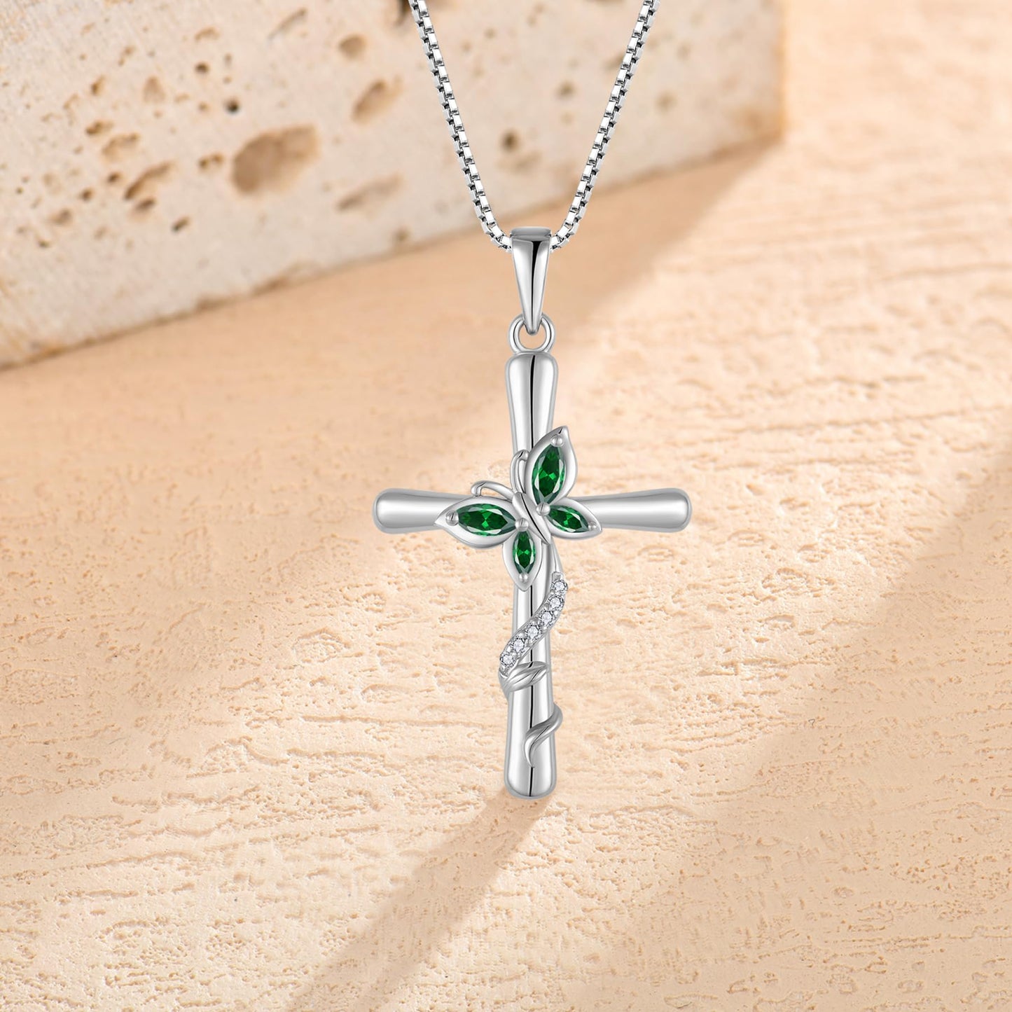 Blaniy Cross Necklace for Women 925 Sterling Silver Butterfly Necklace Emerald Pendant Necklaces May Birthstone Jewelry Gifts for Women