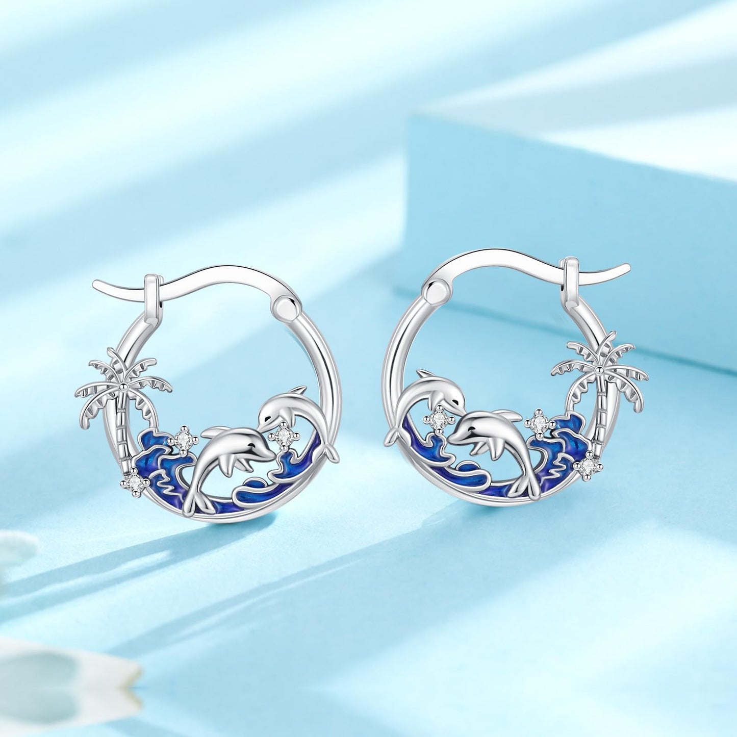 Dolphin Earrings 925 Sterling Silver Ocean Palm Tree Hoop Earrings Beach Themed Summer Jewelry Dolphin Graduation Gifts for Women Daughter Her
