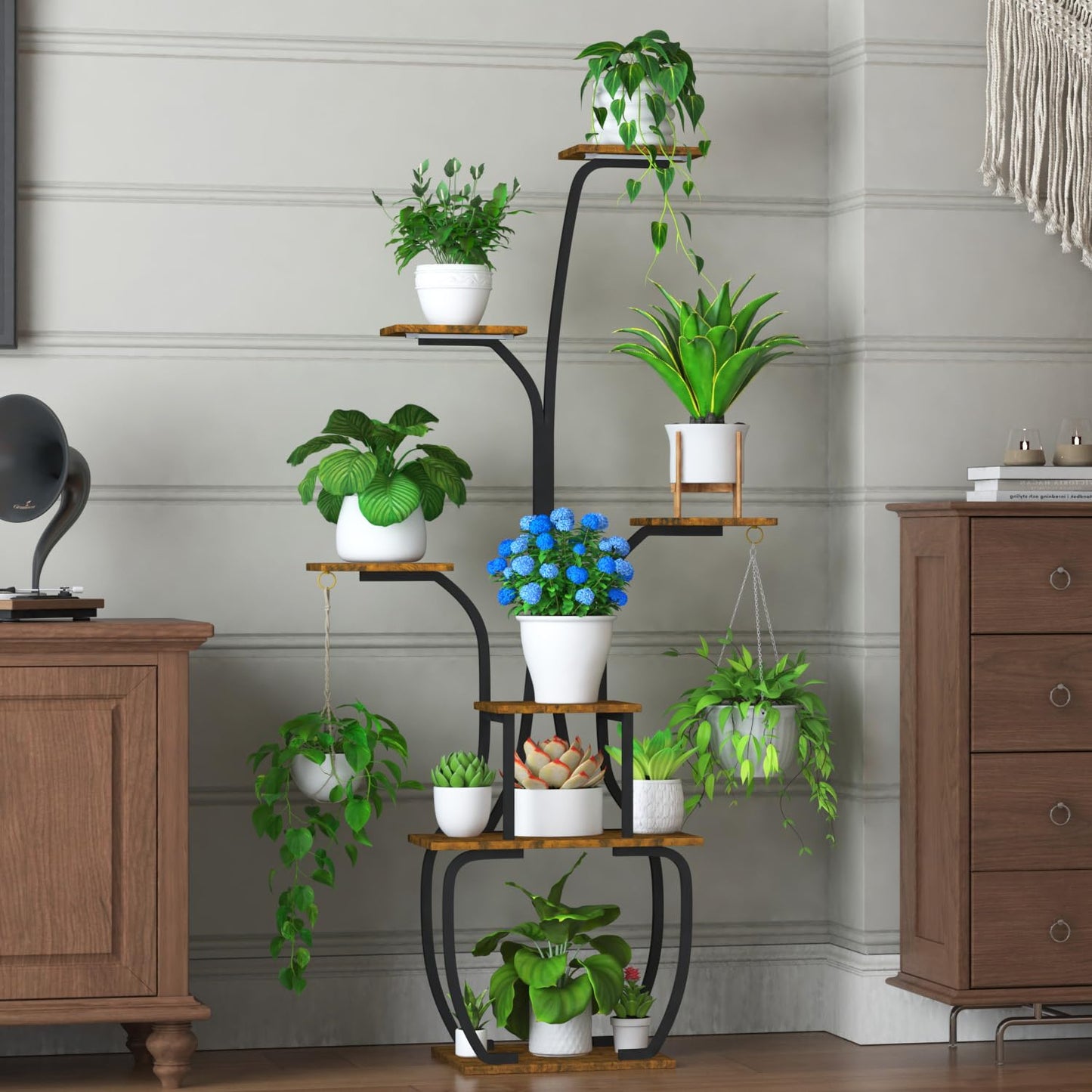 YIIHEERR Plant Stand Indoor with Grow Lights, 7 Tiered 55" Tall Plant Shelf, Heavy Duty Metal Corner Flower Pot Holder Rack, Multi-Tiered Display Organizer with Gardening Tools