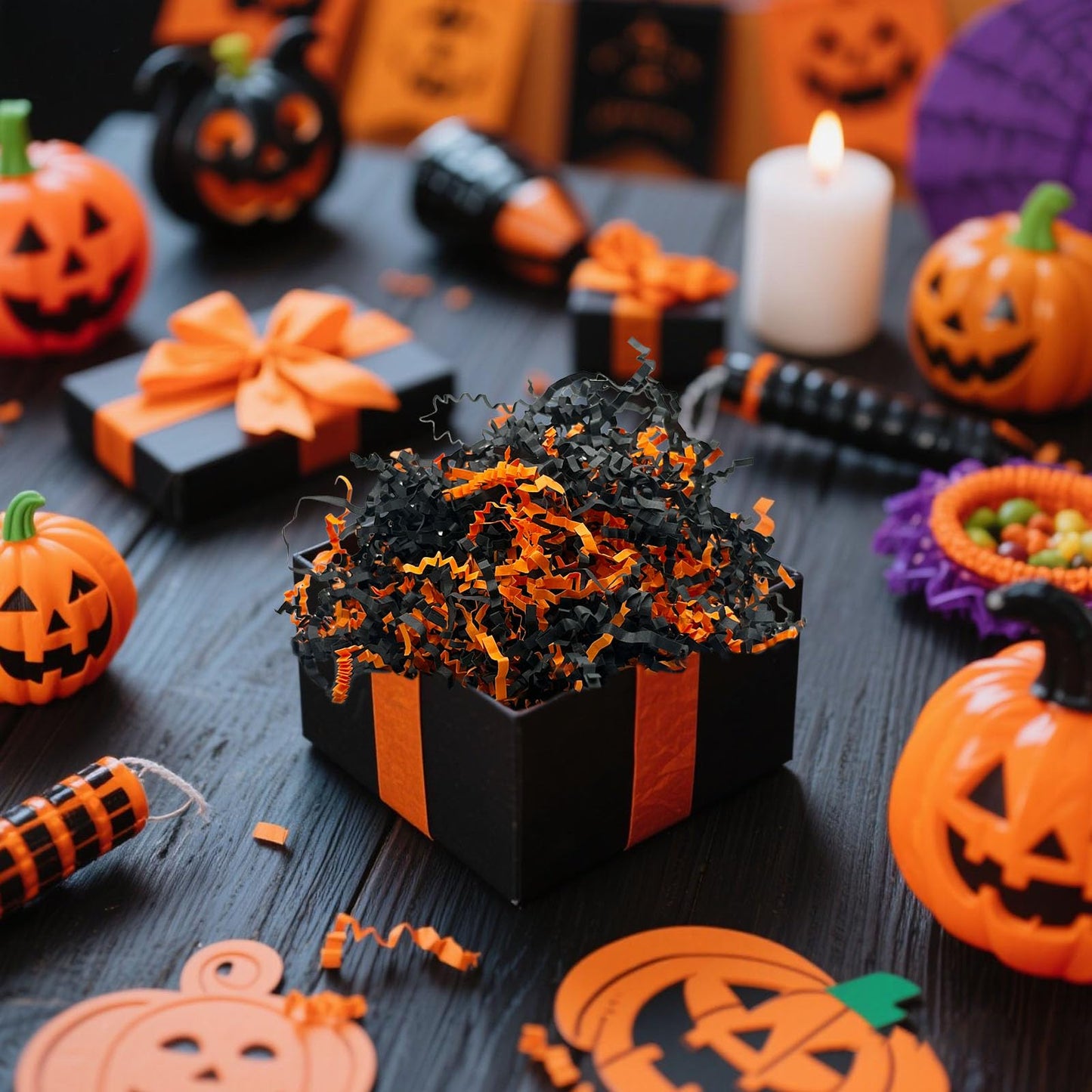 Tisspoms Halloween Crinkle Cut Paper Shred Filler, 1 LB Basket Filler Shredded Paper, Confetti Stuffing for Basket Filling, Birthdays, Weddings, DIY Gift Wrapping, Stuffer Party Supplies Black Orange