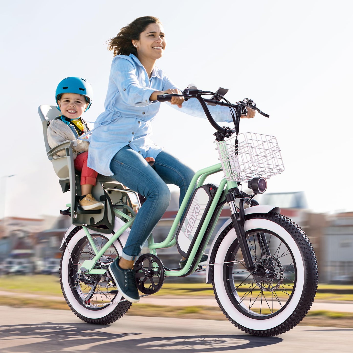 2 Seater Electric Bike, 1300W Peak (750W) Motor Ebike, 48V 20AH Removable Battery, 20"x 4.0" Fat Tire Electric Bike, Commuter Electric Bicycle for Adults,with Folding Basket, Green