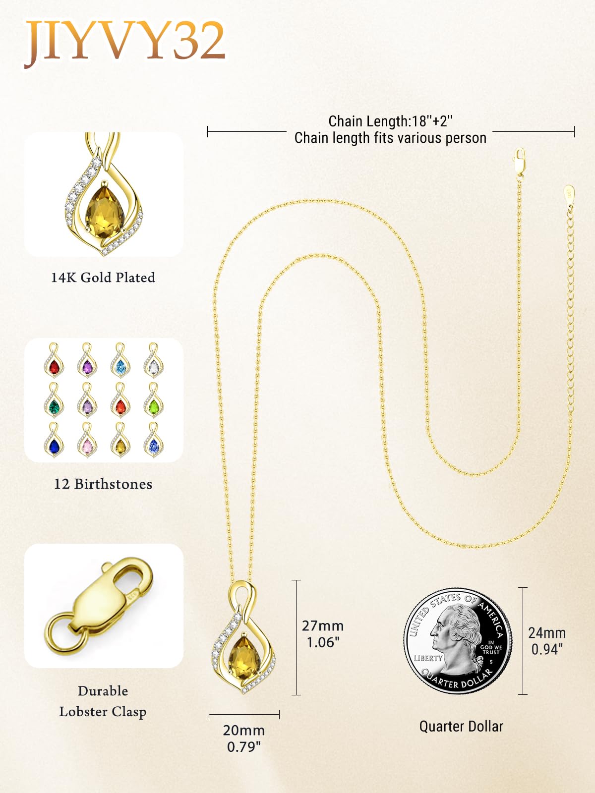 JIYVY32 Citrine Infinity Necklace for Women November Birthstone Necklaces 14k Gold Plating Anniversary Birthday Gifts for Wife Her Mom Girlfriend Birthstone Jewelry Gifts for Women