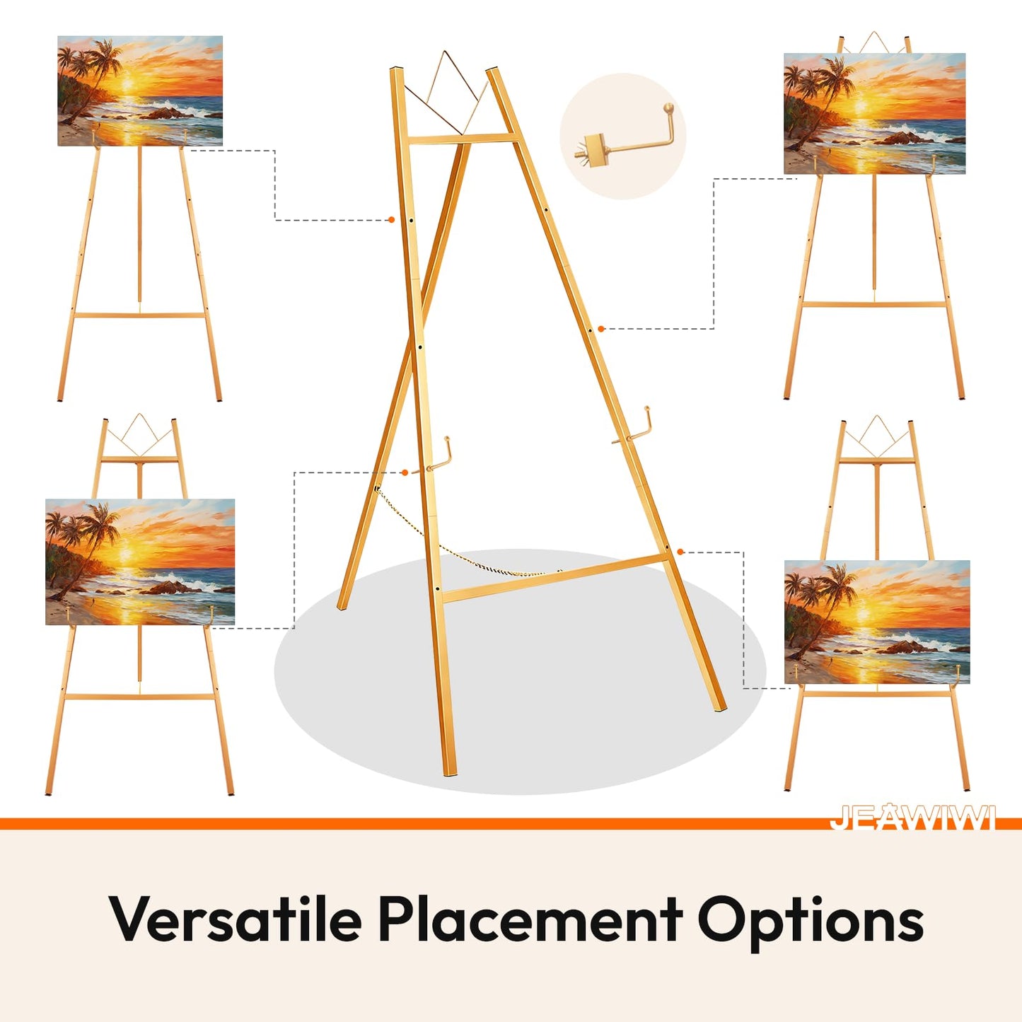 JEAWIWI Gold Easel Stand for Sign, 4-Tier Heavy Duty Metal Display Easels Stand with Adjustable Chain, Floor Easel for Wedding Sign, Painting, Commercial Display