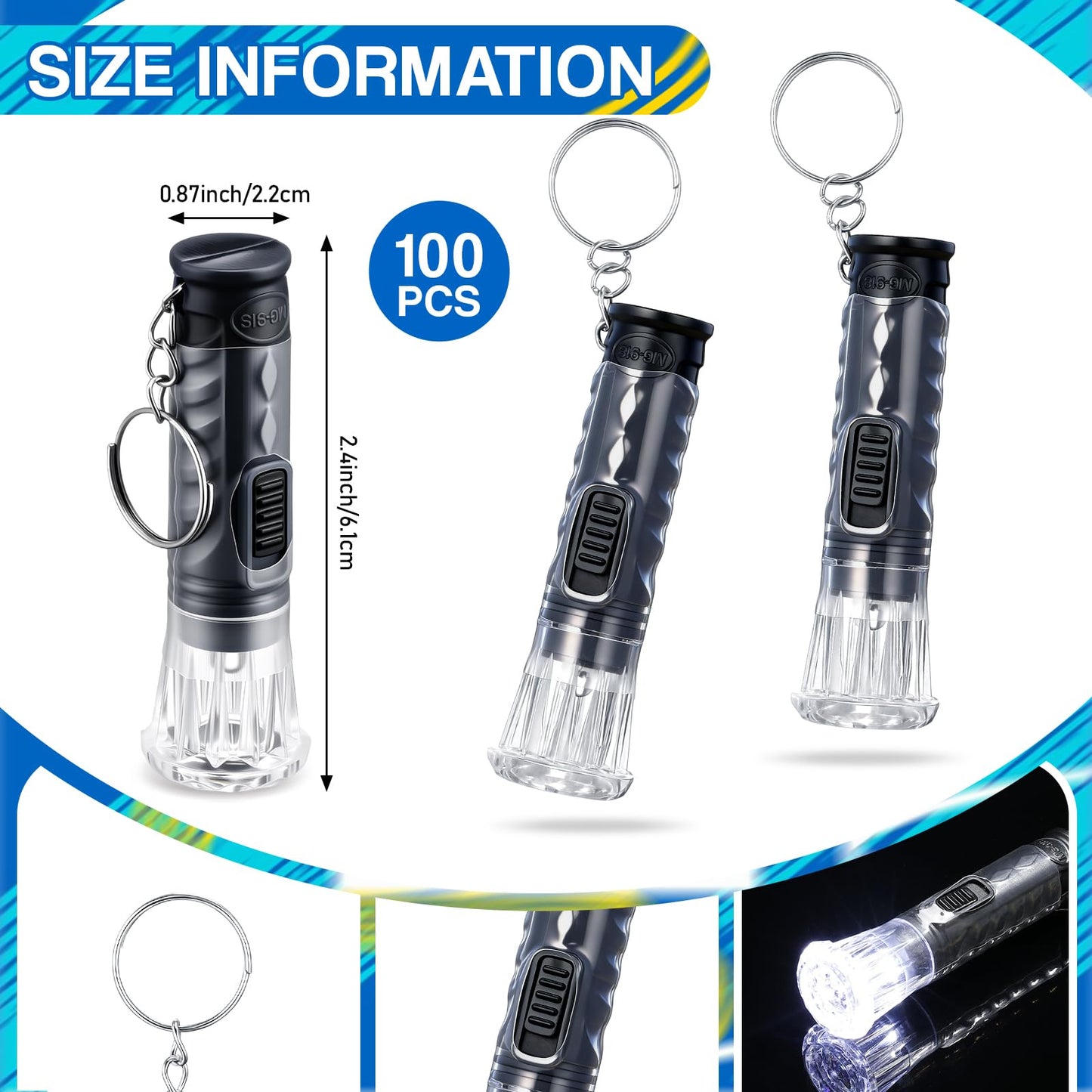 Jexine 100 Pcs Mini Flashlight Keychain Bulk Torch Keyring Flashlights LED Small Keychain Light Hiking Camping Christmas Party Favors(Mix Color)