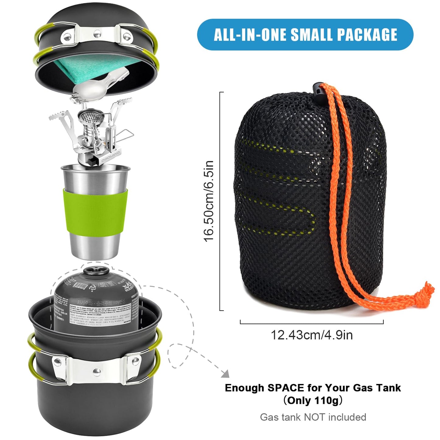 Odoland Camping Cookware Stove Carabiner Canister Stand Tripod and Stainless Steel Cup, Tank Bracket, Fork Spoon Kit for Backpacking, Outdoor Camping Hiking and Picnic,Green