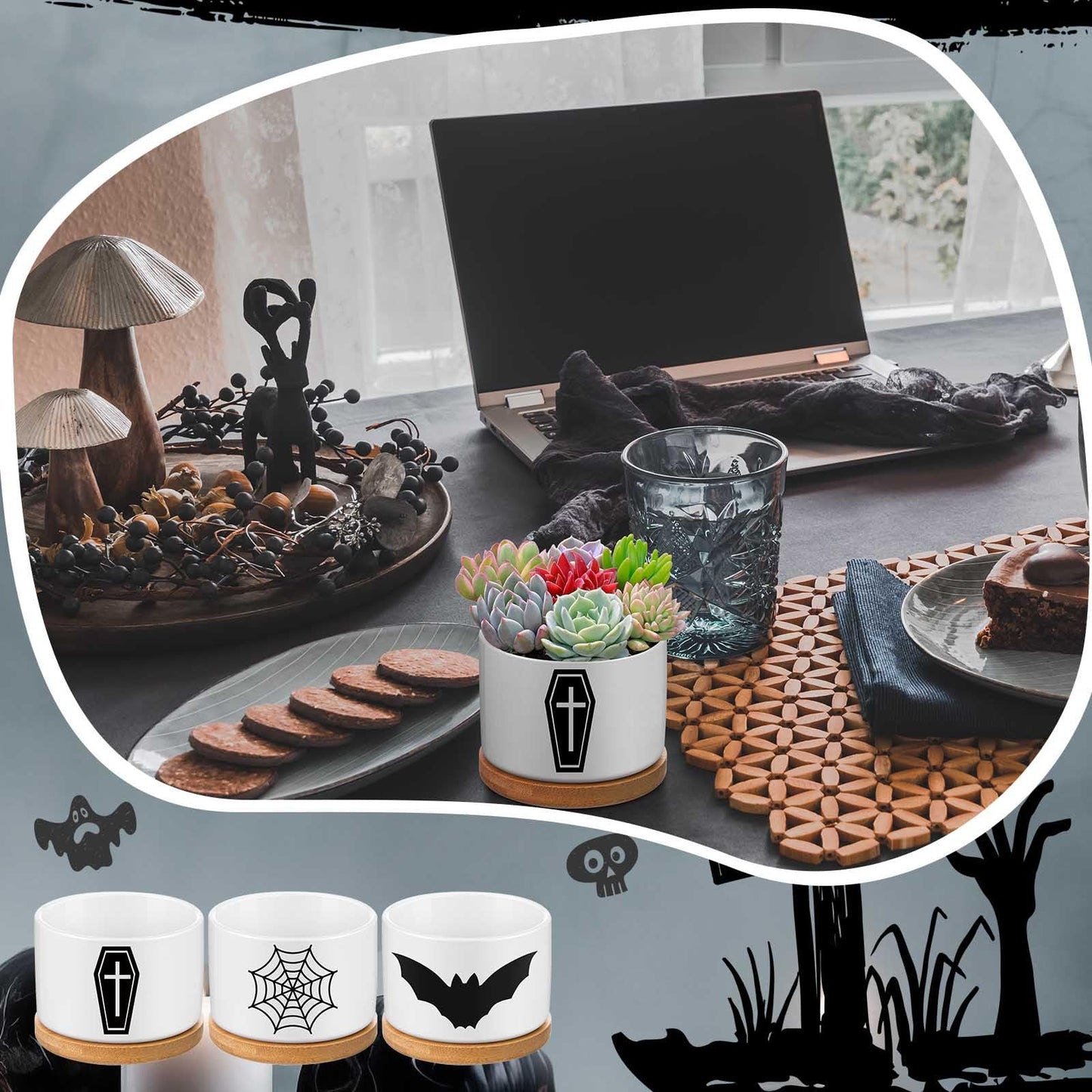 Jingmore 3 Pcs Decor Gift for Women Planter Ceramic Gift Animal Plant Pot with Bamboo Tray for Office Home Farm House Bathroom Kitchen Christmas Decorations (No Plants Included)(Gothic)