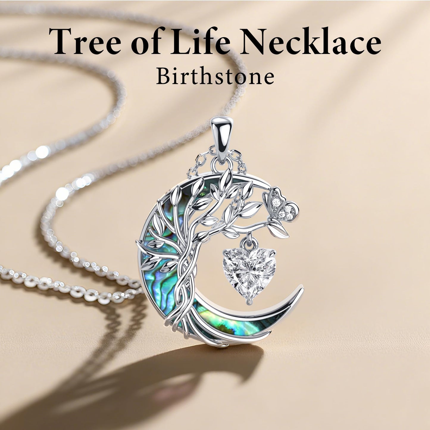Distance Tree of Life Birthstone Necklace for Women, S925 Sterling Silver Premium Abalone Shell Moon Pendant April Heart Birthstone Necklace, White Jewelry Christmas Birthday Gifts for Her Mom Wife