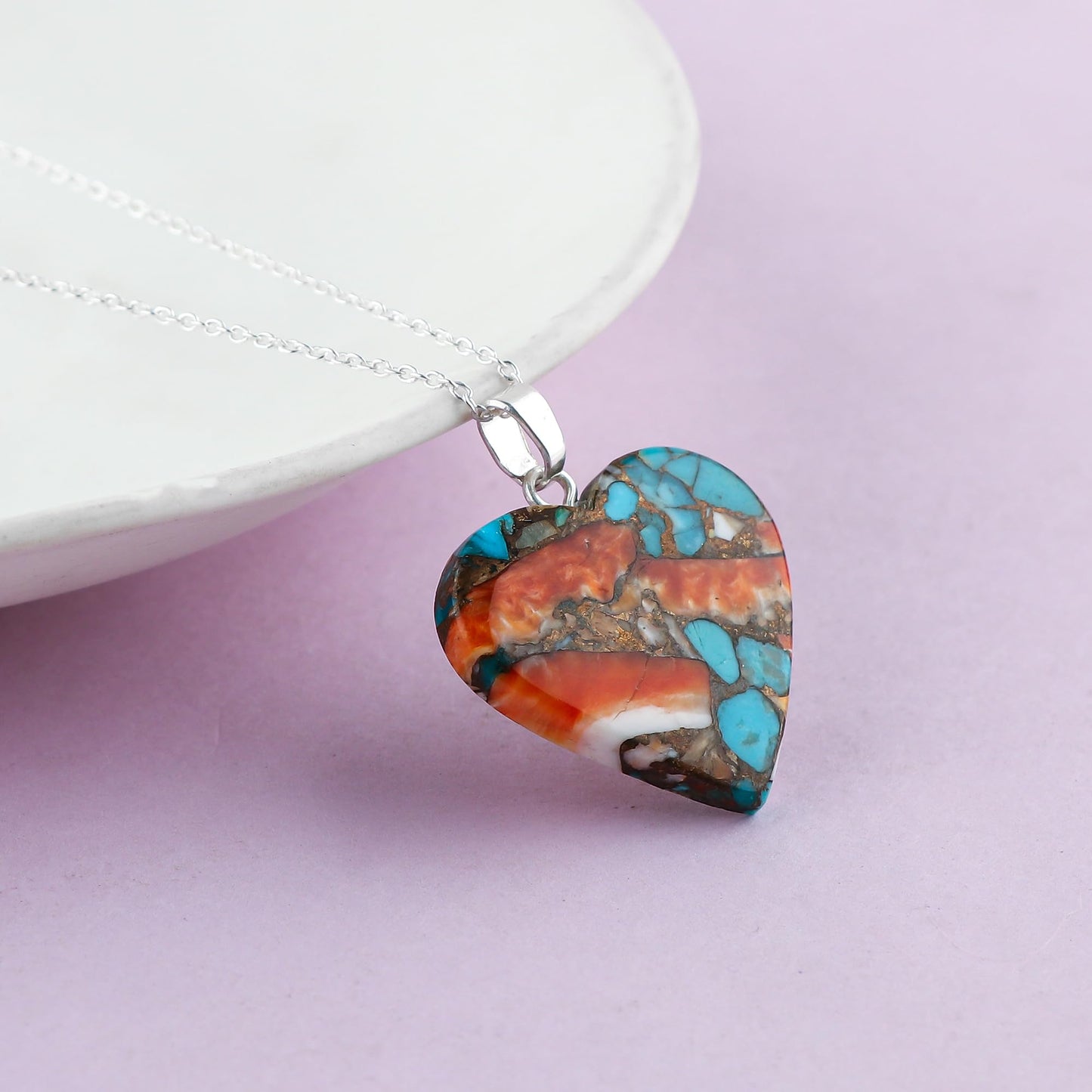 Yashee Natural Oyster Turquoise Heart Shape Crystals Pendant Necklace, Chakra Energy Healing Gemstone, Real Crystal, Top Grade, Beautiful Women Simple Jewelry, Dainty Silver Plated Jewelry 18 inch