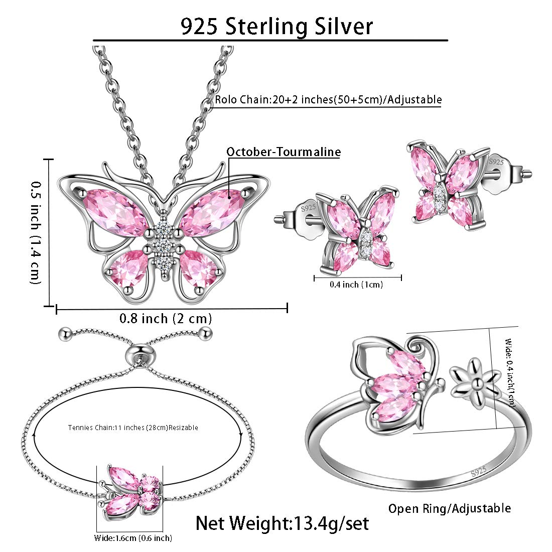 Hipunk Butterfly Pink Jewelry Sets Birthstone Women 925 Sterling Silver October-Tourmaline Birth Stone Animal Butterflies Jewelry Sets/Earring/Ring/Bracelet Set Crystal Birthday Jewelry SS0003O
