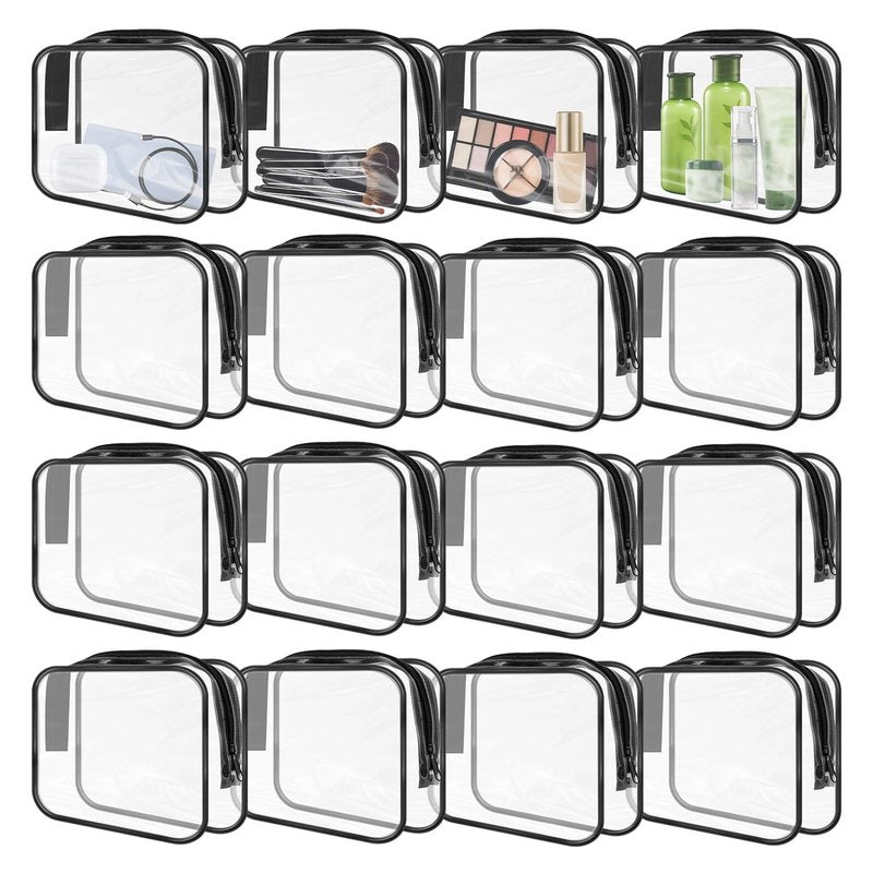 GONITYOU 16 Pieces Clear Makeup Bags Bulk, TSA Approved Toiletry Bags Travel Pouch, Waterproof PVC Plastic Small Clear Cosmetic Bags with Zipper for Organizing (Black Border)