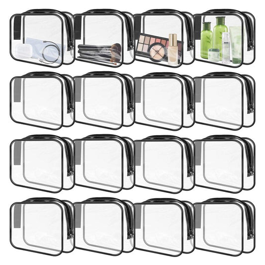 GONITYOU 16 Pieces Clear Makeup Bags Bulk, TSA Approved Toiletry Bags Travel Pouch, Waterproof PVC Plastic Small Clear Cosmetic Bags with Zipper for Organizing (Black Border)