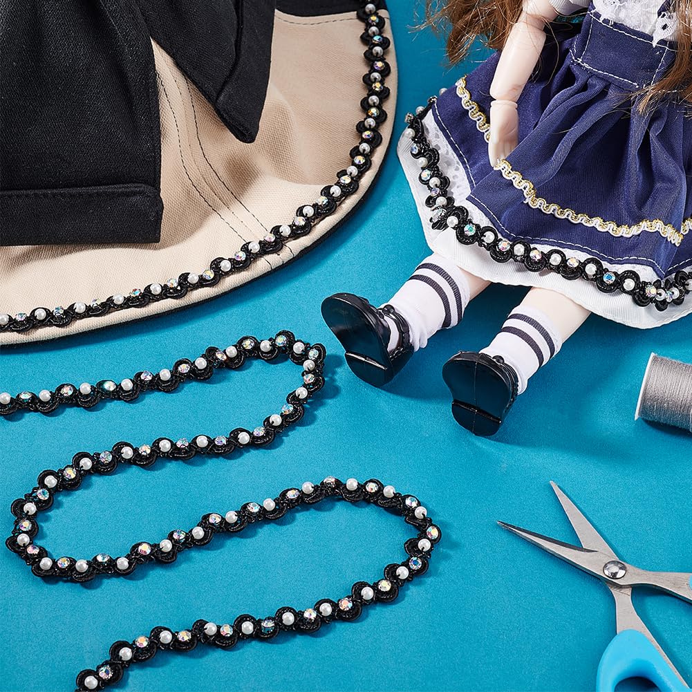 PH PandaHall 4 Yards Pearl Lace Trim 3/8 inch Black Wavy Lace Ribbon Pearl Fringe Rhinestone Fringe Applique Fabric Gimp Braid Ribbon for Costume Curtain DIY Craft Jewelry Party Halloween