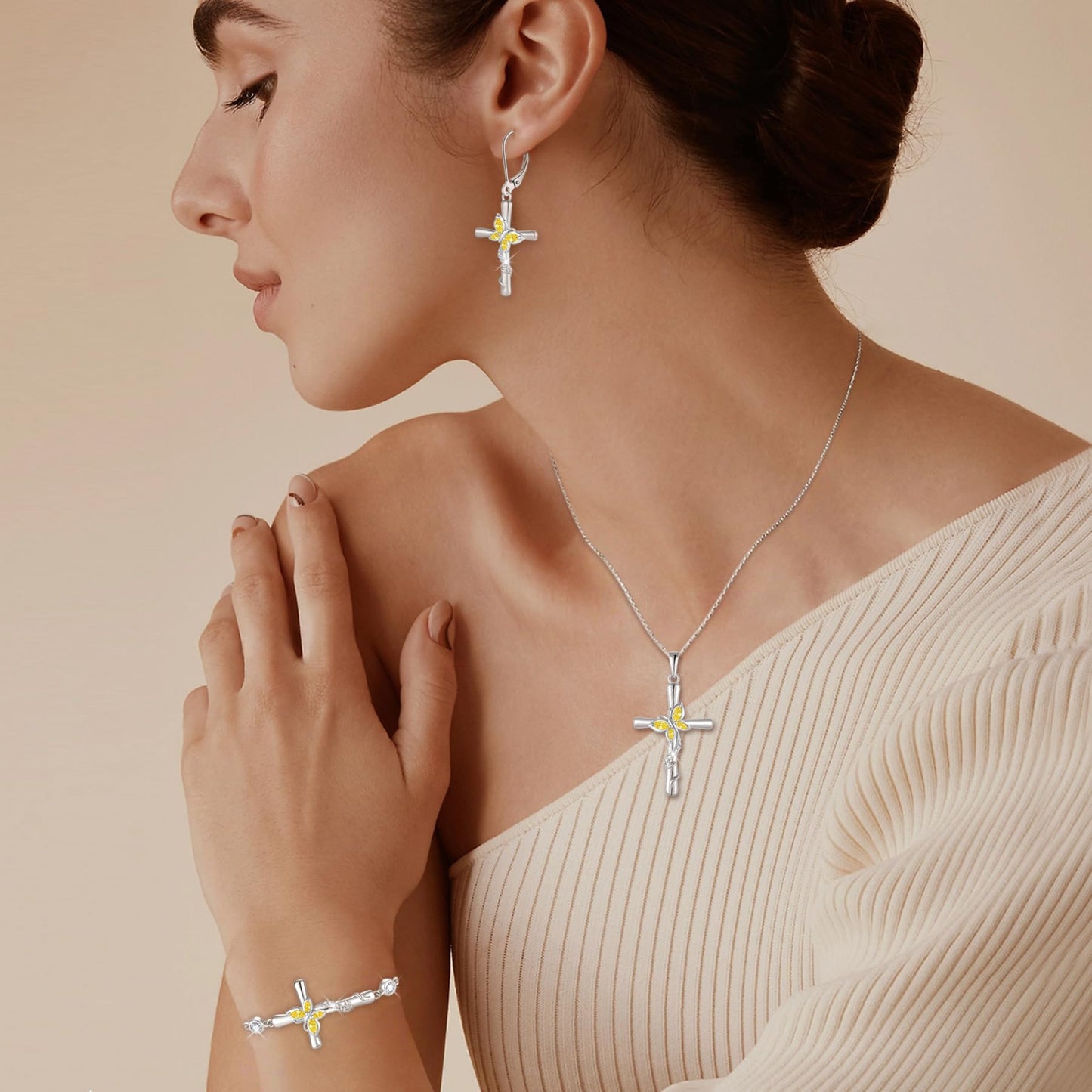 Blaniy Cross Necklace for Women 925 Sterling Silver Butterfly Necklace Citrine Pendant Necklaces November Birthstone Jewelry Gifts for Women