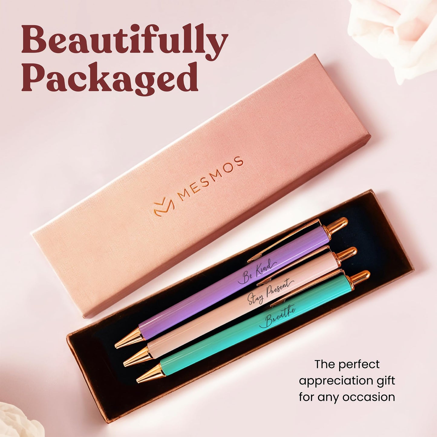 MESMOS 3Pcs Mindfulness Pen Set for Journaling, German-Ink & 1mm Swiss-Tip, Mindfulness Gifts, Luxury Pens for Women, Wellness, and Self Care Relaxing Gift, Writing Pens for Journaling No Bleed