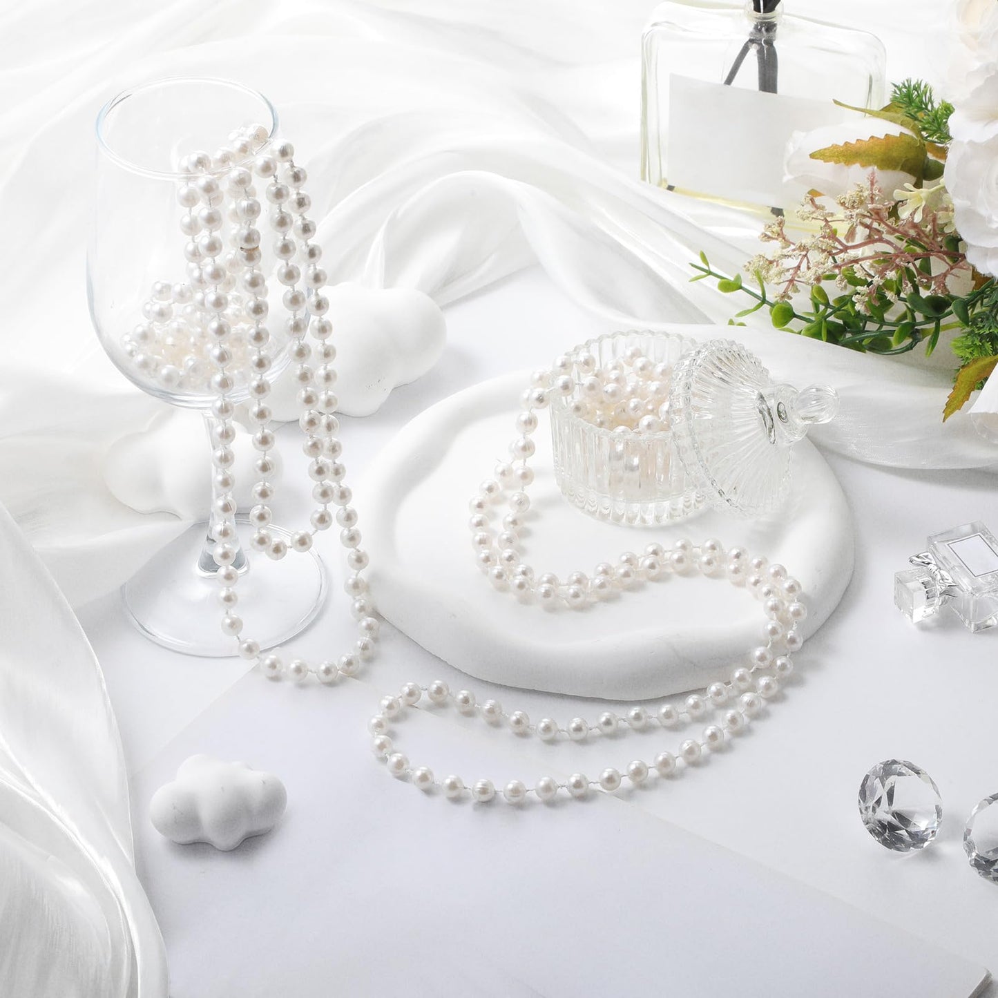 Aurelema 2 Pack Long Pearl Necklace for Women 1920s Costume Party Jewelry Faux Pearls Strand Beads for Ladies(70 Inches,8 mm,Plastic,Cream White)