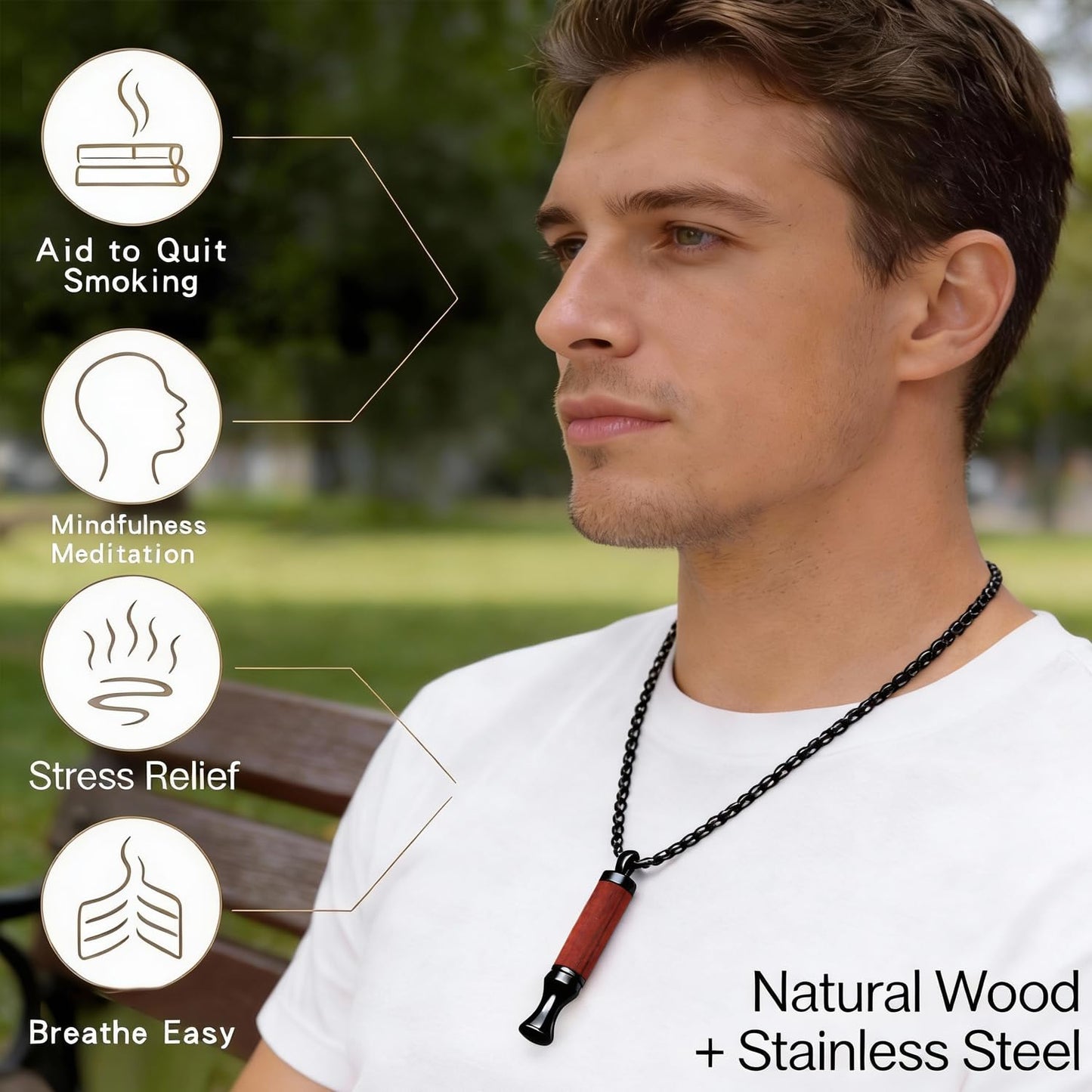 BOLAGTIER Mindful Breathing Necklace: Natural Wood Fidget Charm for Anxiety Relief & Quit Smoking Aid, Stainless Steel Sensory Pendant to Calm Your Mind (Black)